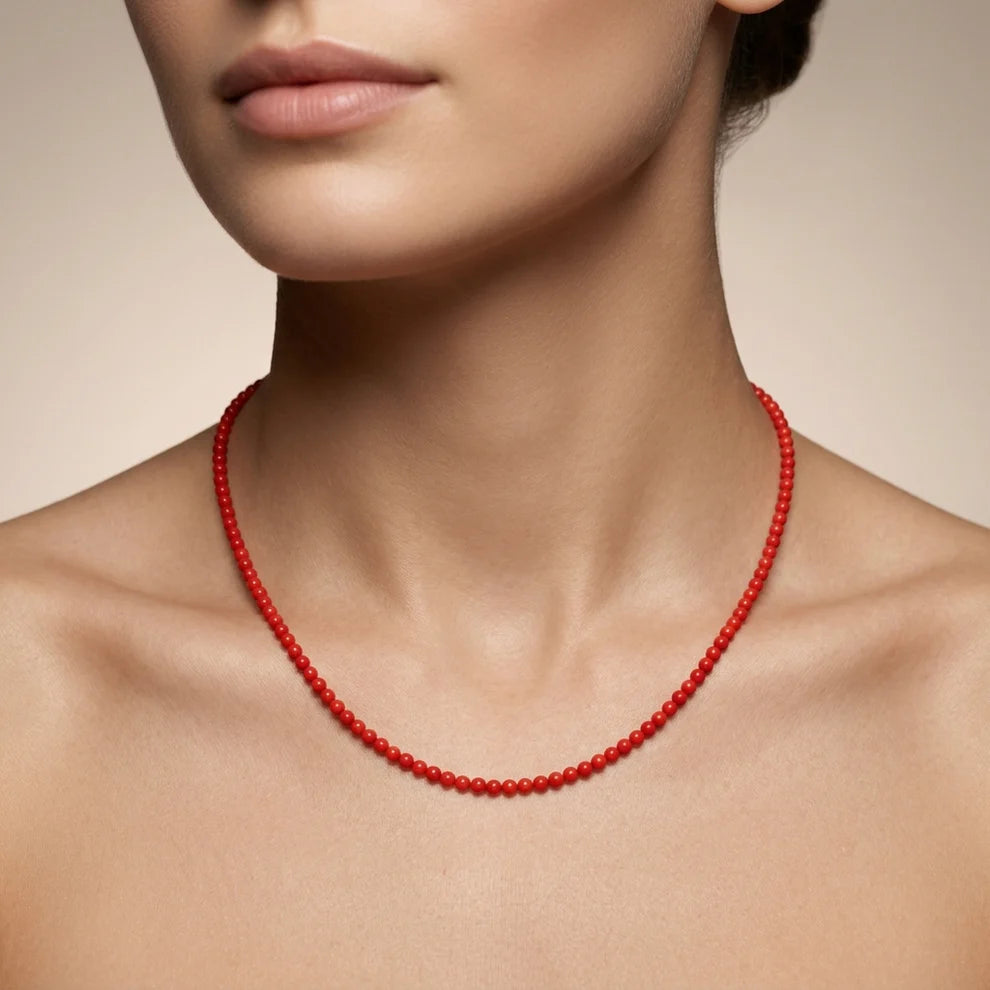 925 Sterling Silver Red Coral Beaded Necklace With Extension