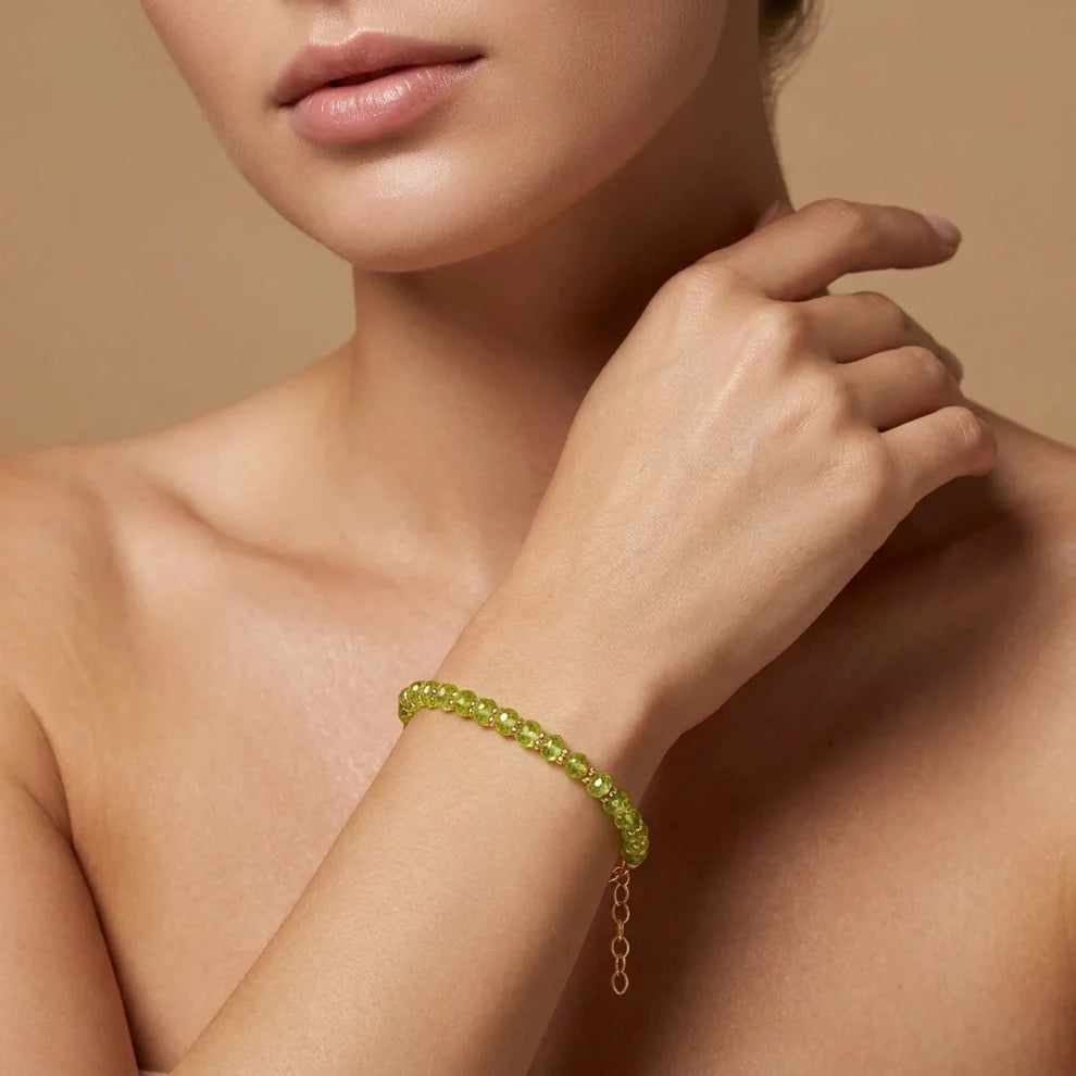925 Sterling Silver Natural Peridot Beaded Bracelet – 8 Inch Gemstone Jewelry