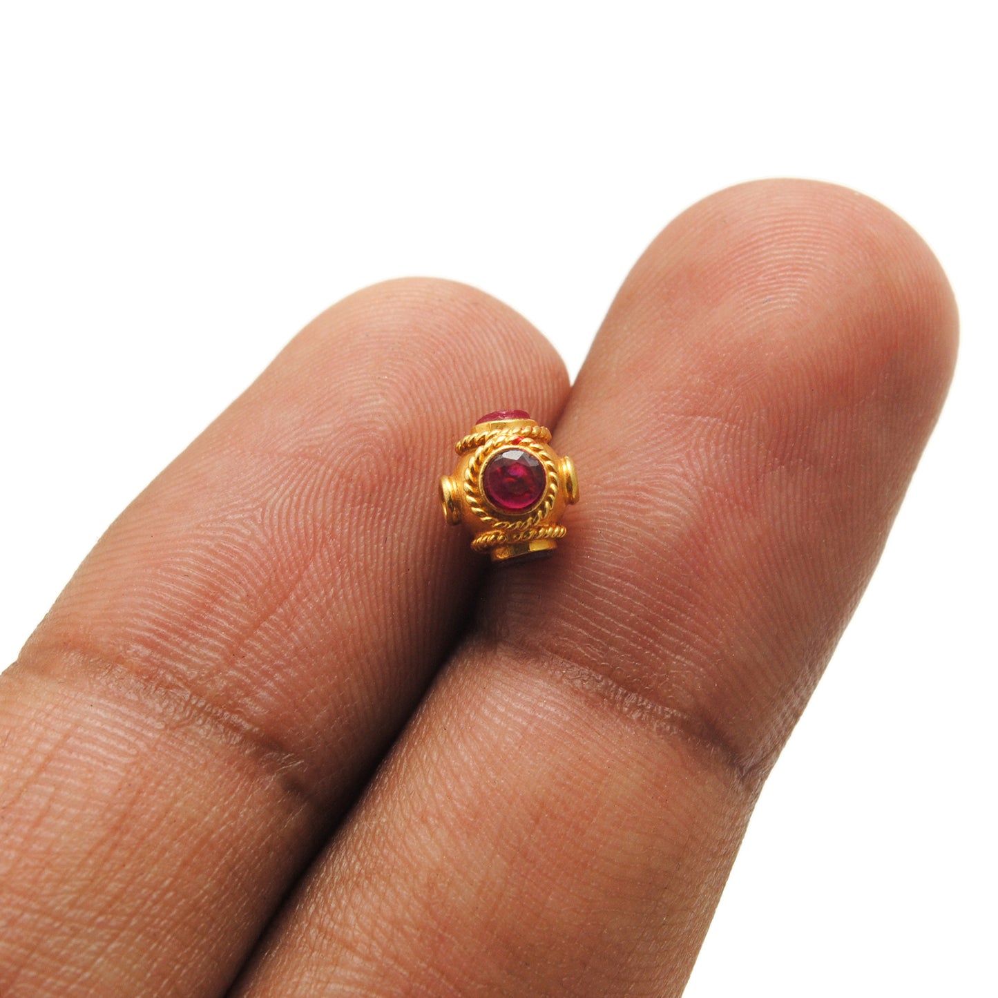 18K Gold Rondelle  Ball Bead Spacer With Ruby Stone 7mm