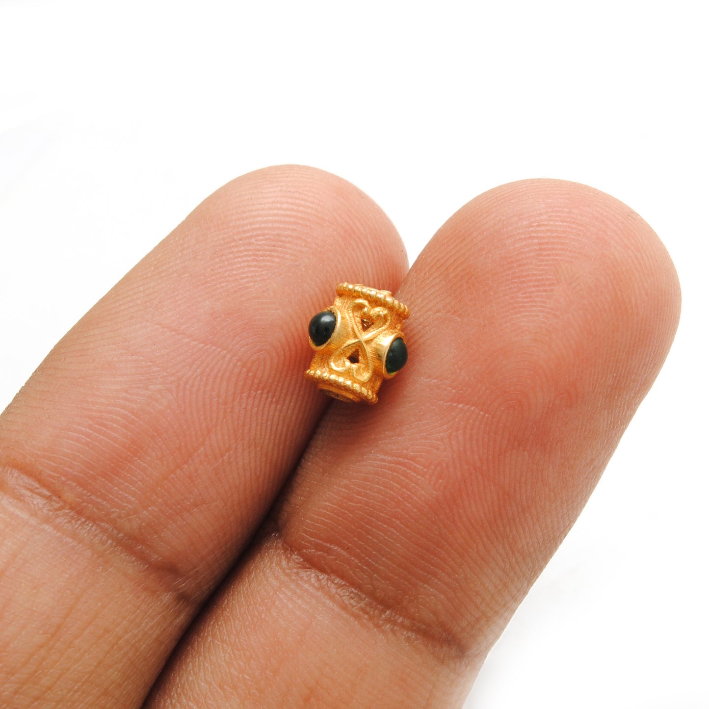 18K Solid Yellow Gold Stone Studded Tube Gold Spacer Bead Components 7x4mm