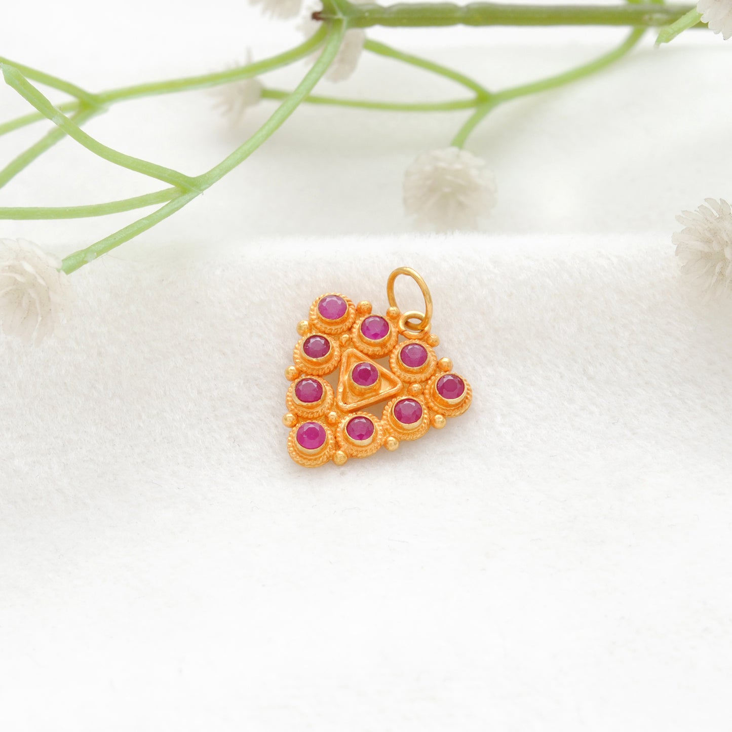 18K Solid Yellow Gold Stone Studded Triangle Pendant