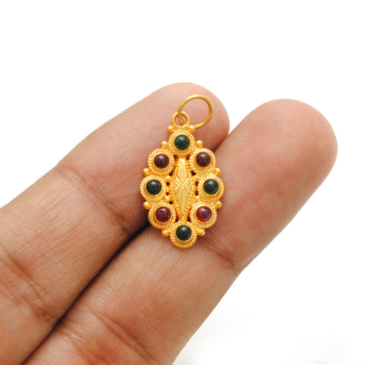 18k Solid Yellow Gold Multi-Gemstone Oval Pendant