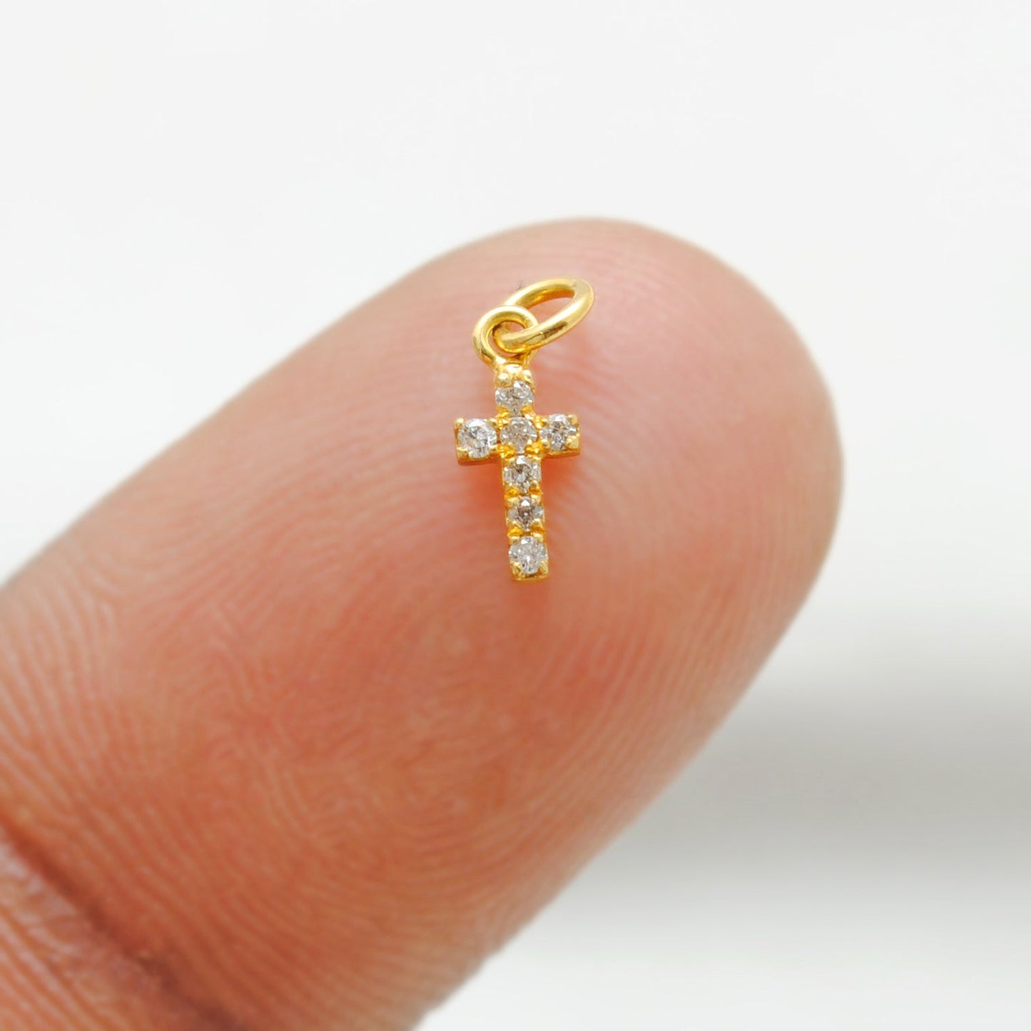 14k Solid Yellow Gold White Diamond Cross Charm