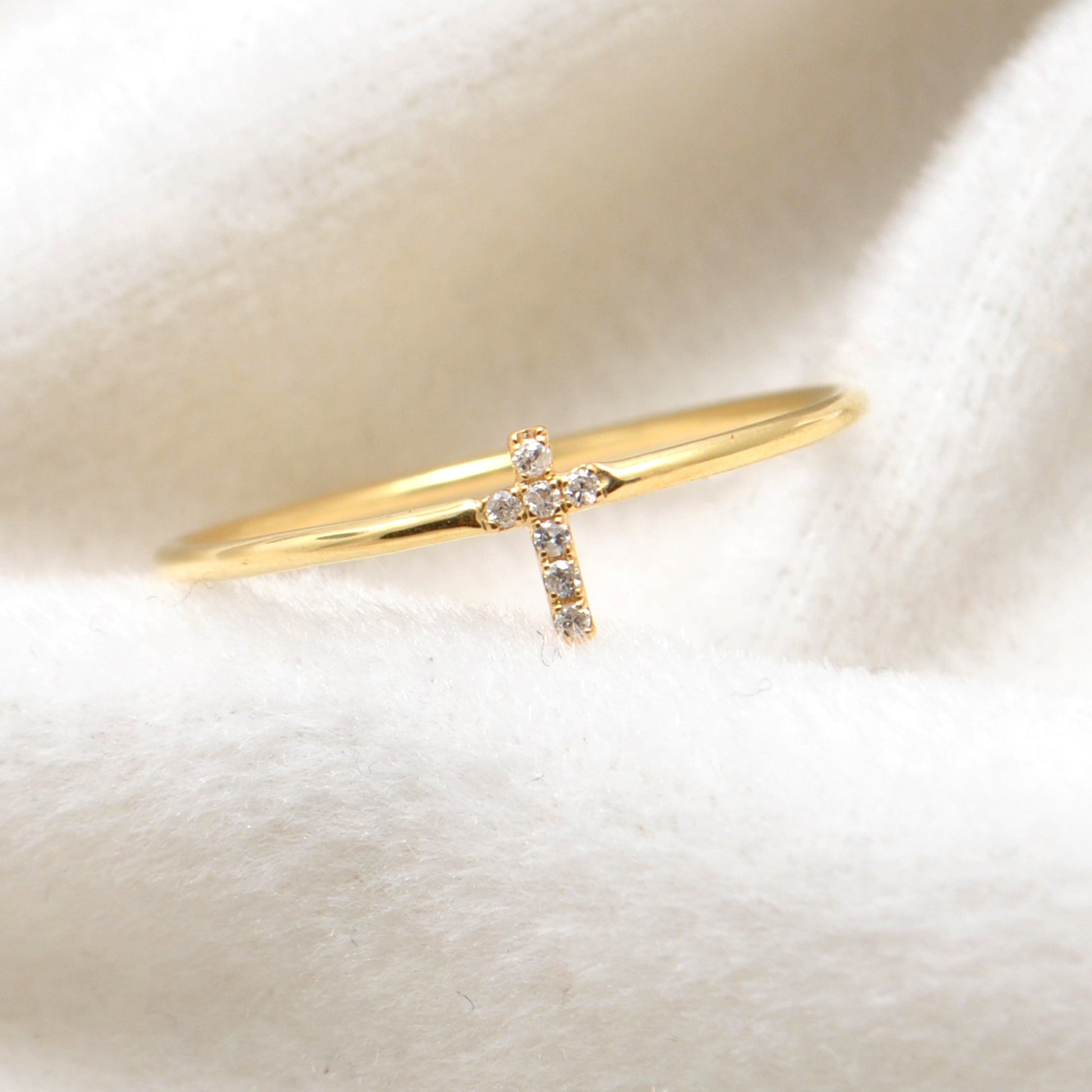 14k Solid Yellow Gold Natural Diamond Cross Religious Ring 8 US