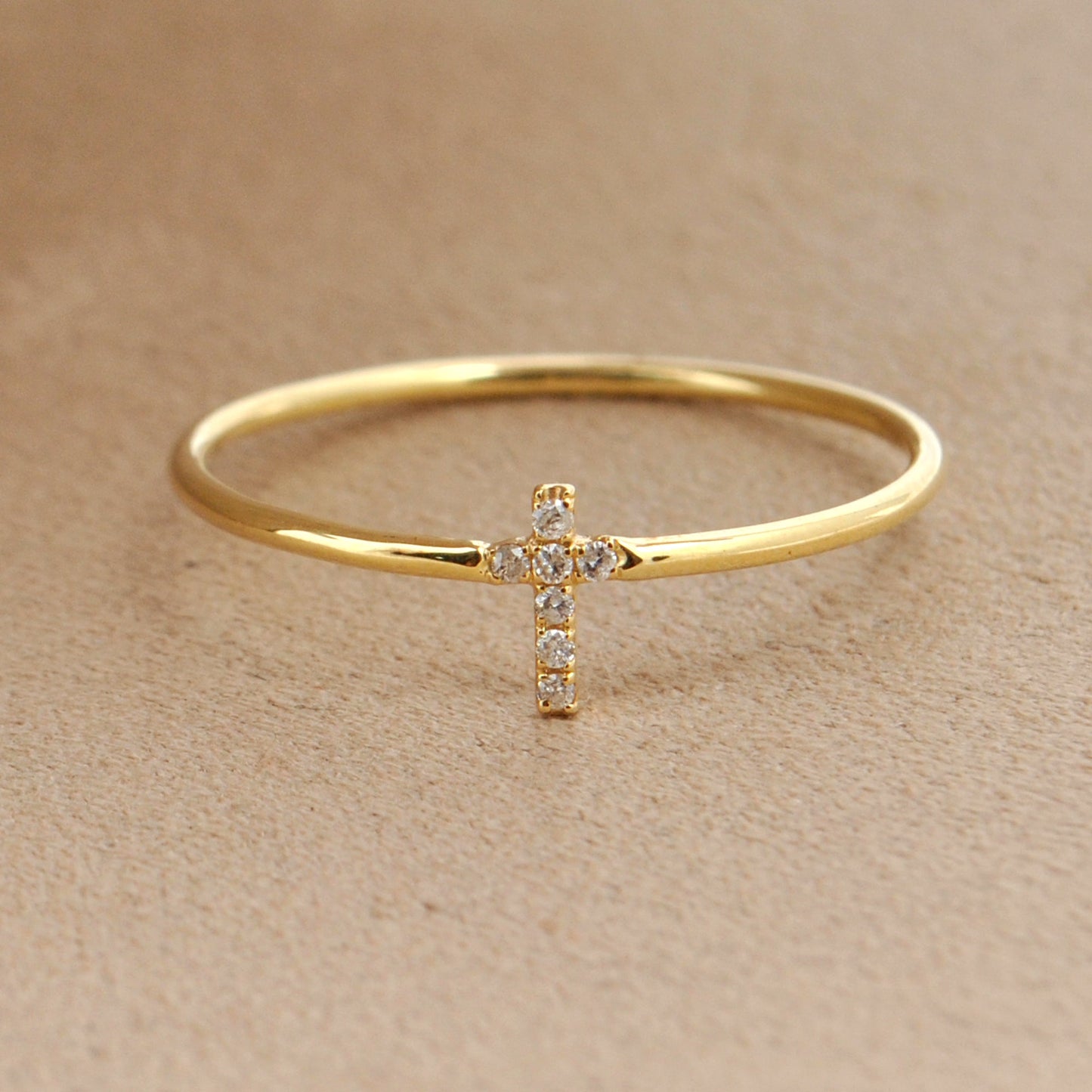 14k Solid Yellow Gold Natural Diamond Cross Religious Ring 8 US