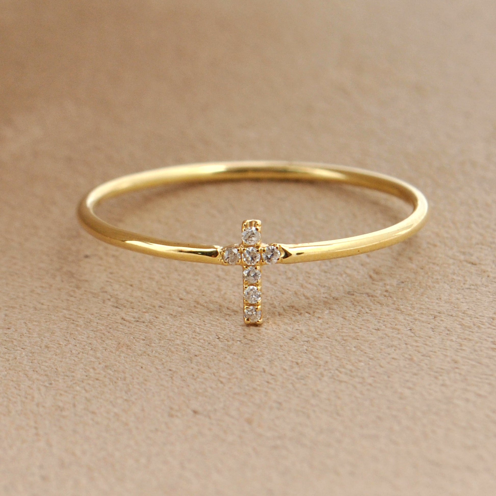 14k Solid Yellow Gold Natural Diamond Cross Religious Ring 8 US