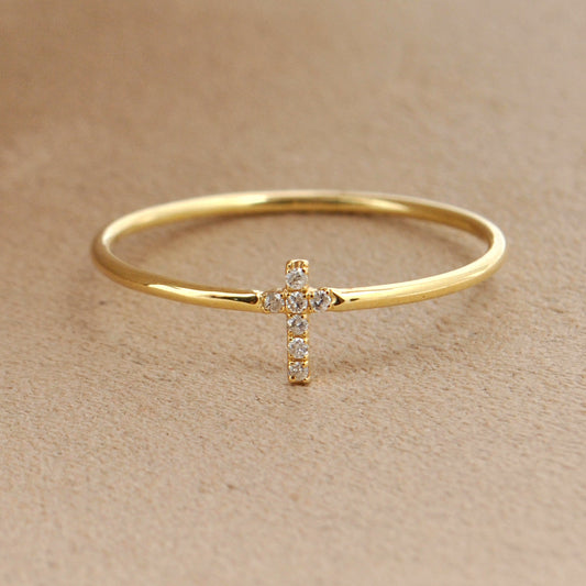 14k Solid Yellow Gold Natural Diamond Cross Religious Ring 8 US