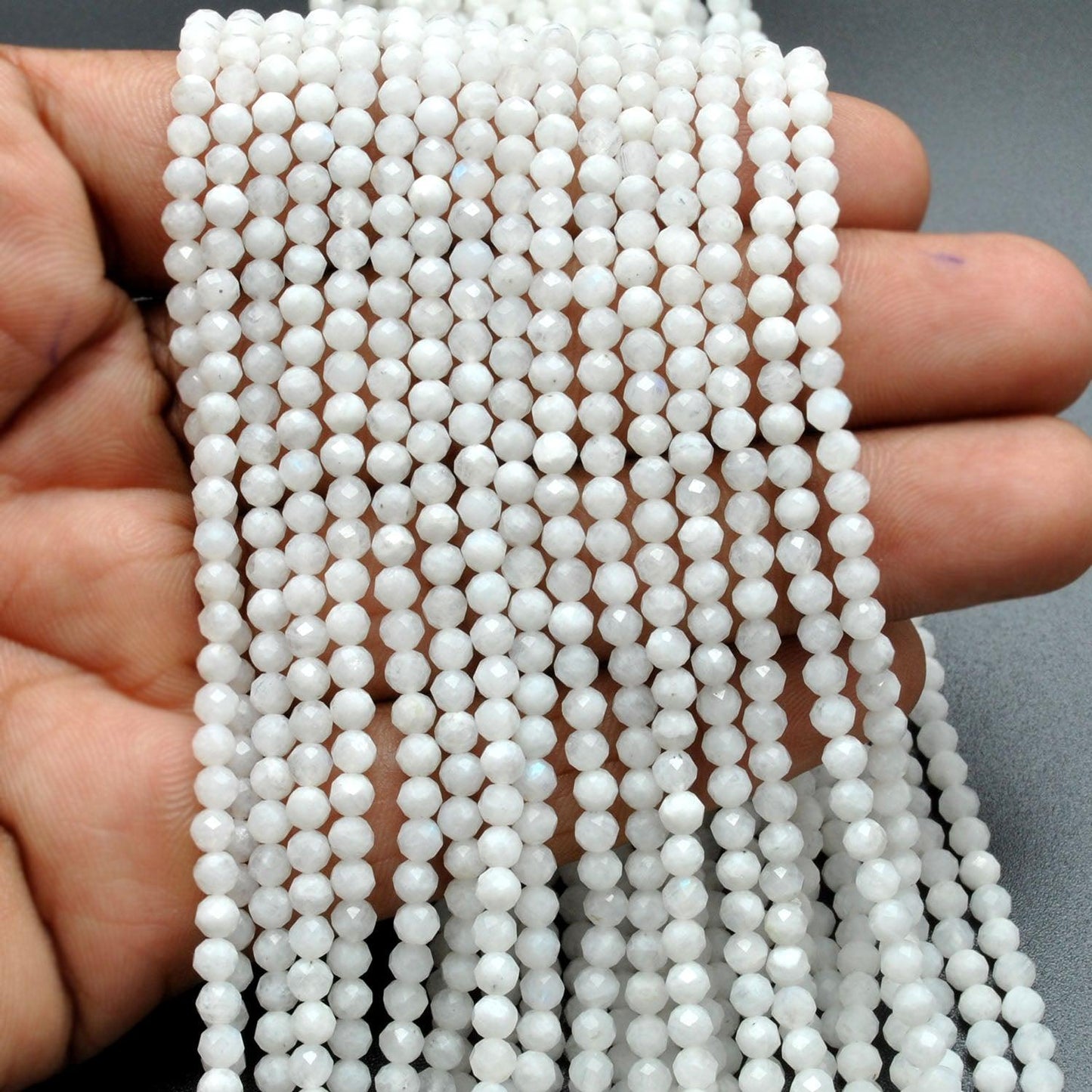 Natural Rainbow Moonstone Round Faceted Gemstone Beads 13" Strand