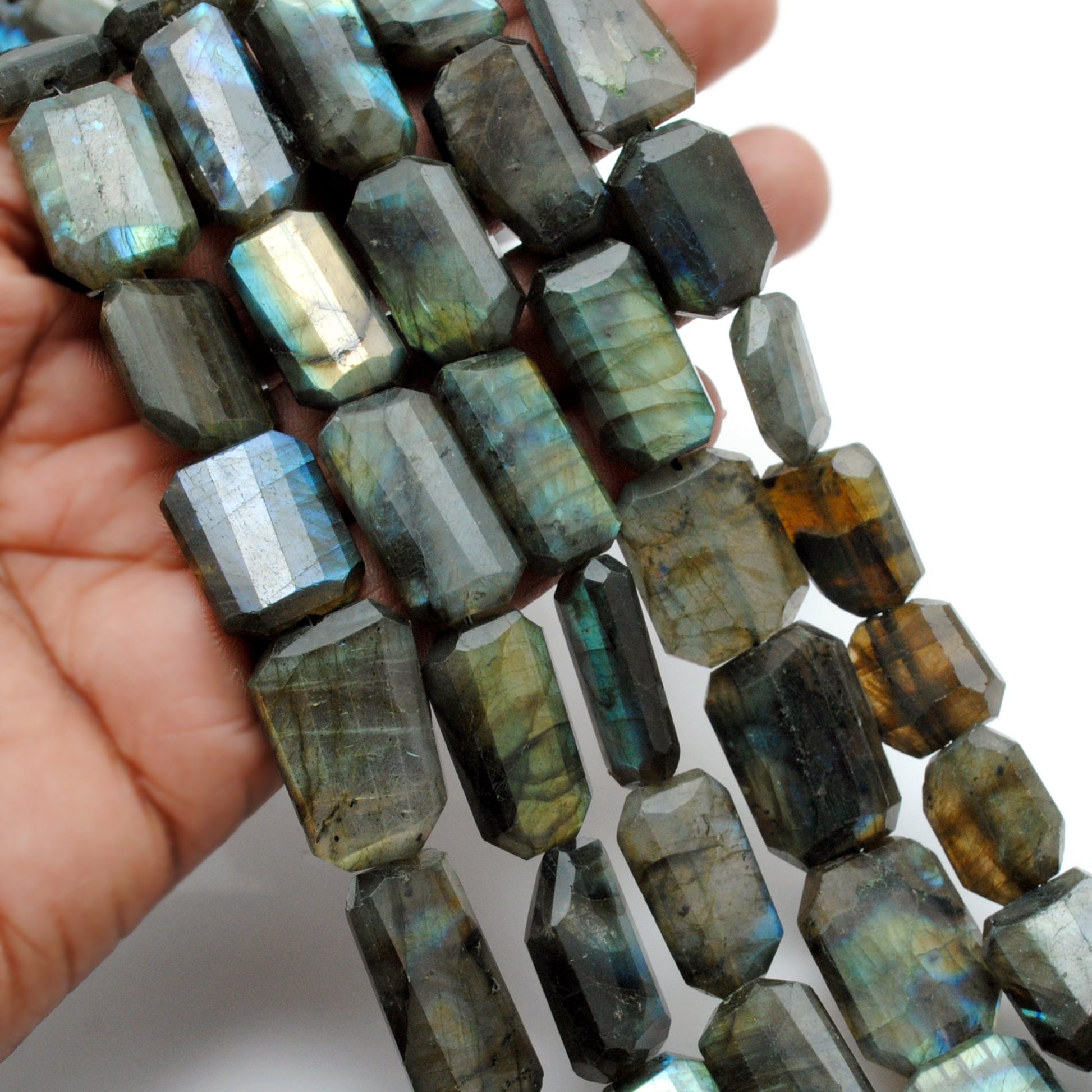 natural labradorite faceted octagon beads, mixed size, 16 inch strand, polished grey blue gemstone beads, SAR Gems