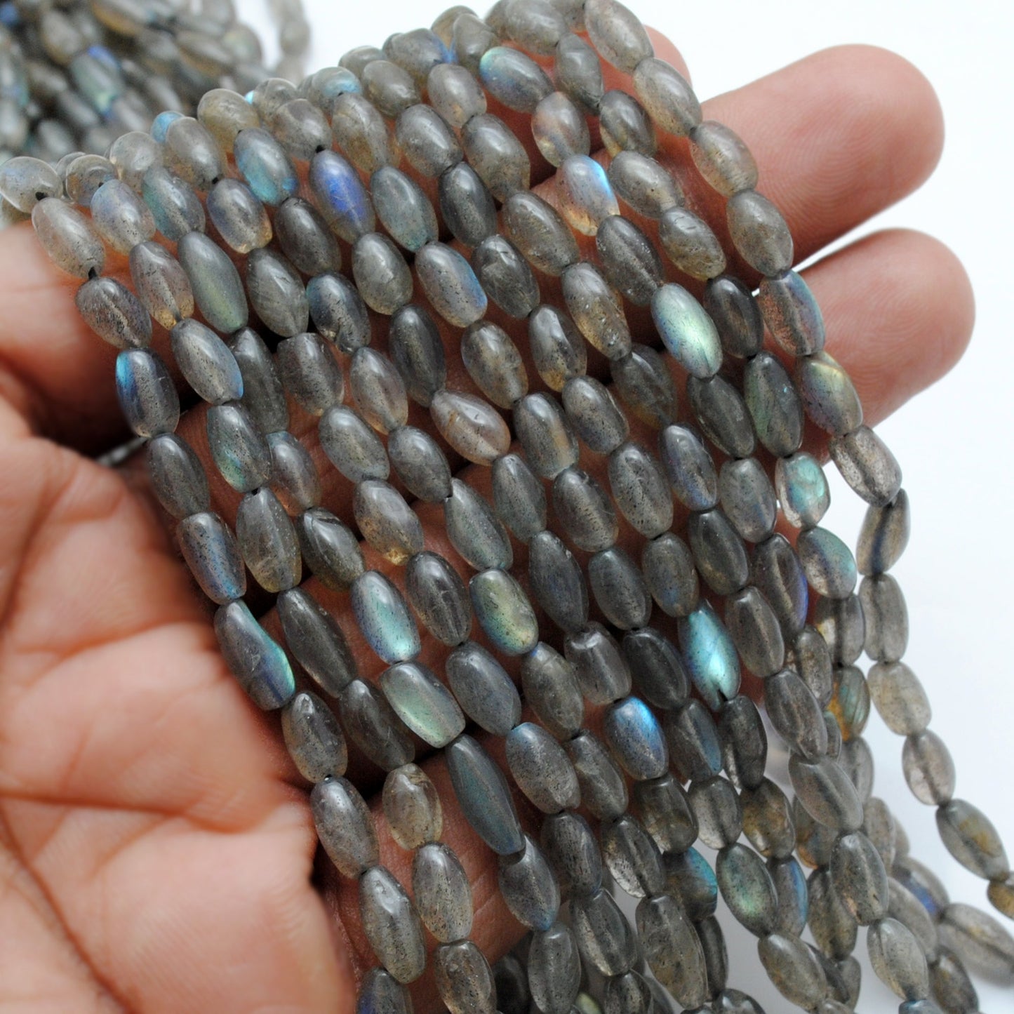 natural labradorite drum beads, mixed size, 16 inch strand, 42 beads, polished grey blue gemstone, SAR Gems