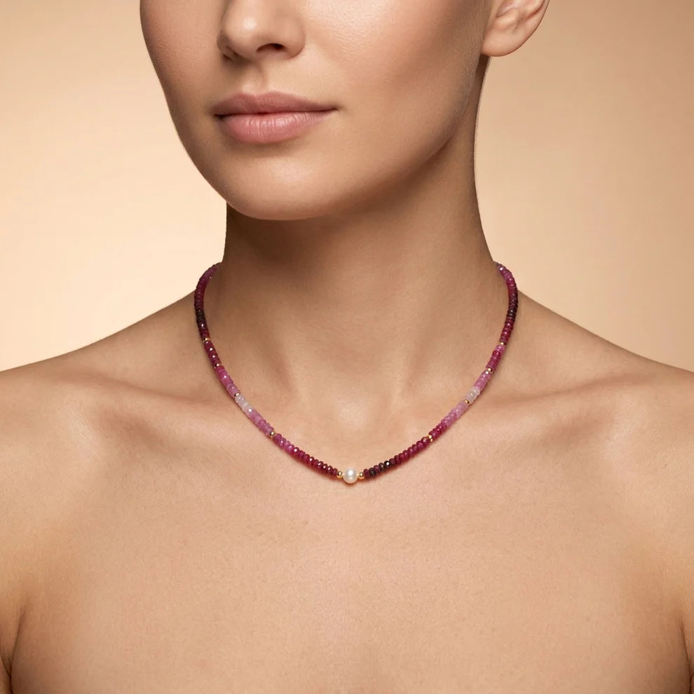 Shaded Ruby Faceted Rondelle Gemstone Necklace, 18-Inch Pearl & Sterling Silver Jewelry