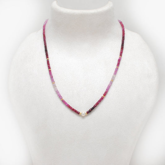 Natural Shaded Ruby Beaded Silver Necklace – Faceted Rondelle Gemstones