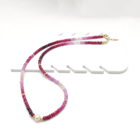 Shaded Ruby Faceted Rondelle Gemstone Necklace, 18-Inch Pearl & Sterling Silver Jewelry - view 3
