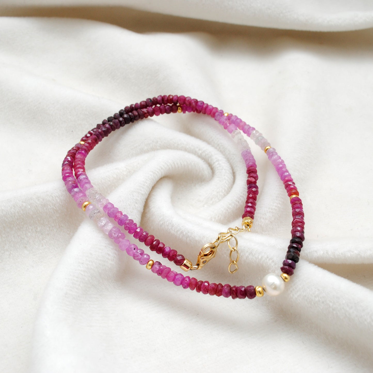 Natural Shaded Ruby Beaded Silver Necklace – Faceted Rondelle Gemstones
