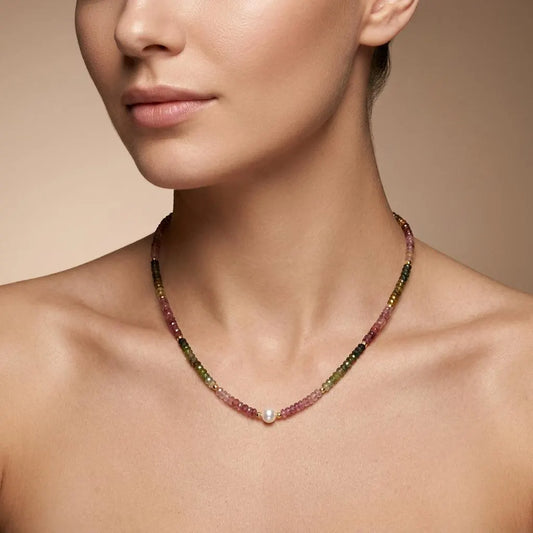 925 Sterling Silver Multi Tourmaline Gemstone Beaded Choker Necklace