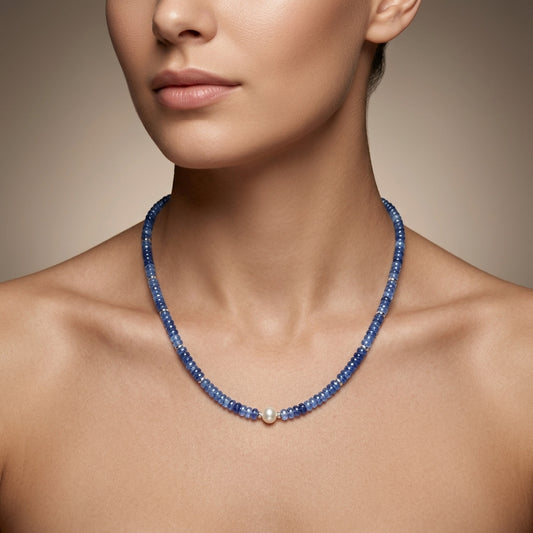 Natural Blue Sapphire Rondelle Beaded Necklace – 18" 925 Sterling Silver Choker