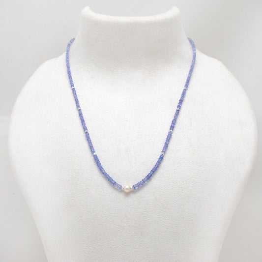 18 Inch Natural Tanzanite & Pearl Necklace – 3mm Tanzanite Beads with 6mm Pearl