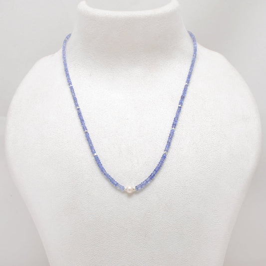 Natural Blue Tanzanite & Pearl Necklace, 925 Sterling Silver, Stylish Beaded Jewelry Gift - view 3