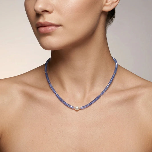 Natural Blue Tanzanite & Pearl Necklace, 925 Sterling Silver, Stylish Beaded Jewelry Gift