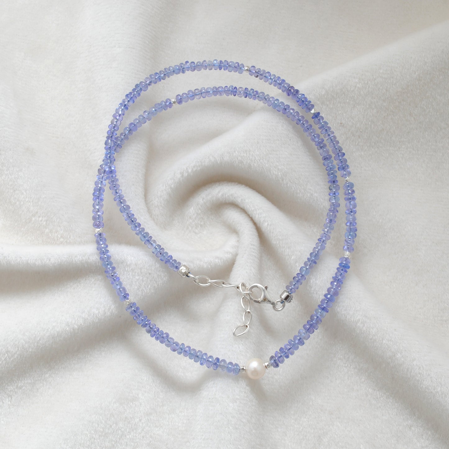 18 Inch Natural Tanzanite & Pearl Necklace – 3mm Tanzanite Beads with 6mm Pearl