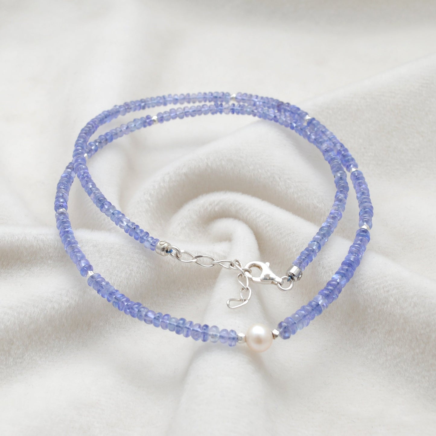 Natural Blue Tanzanite & Pearl Necklace, 925 Sterling Silver, Stylish Beaded Jewelry Gift