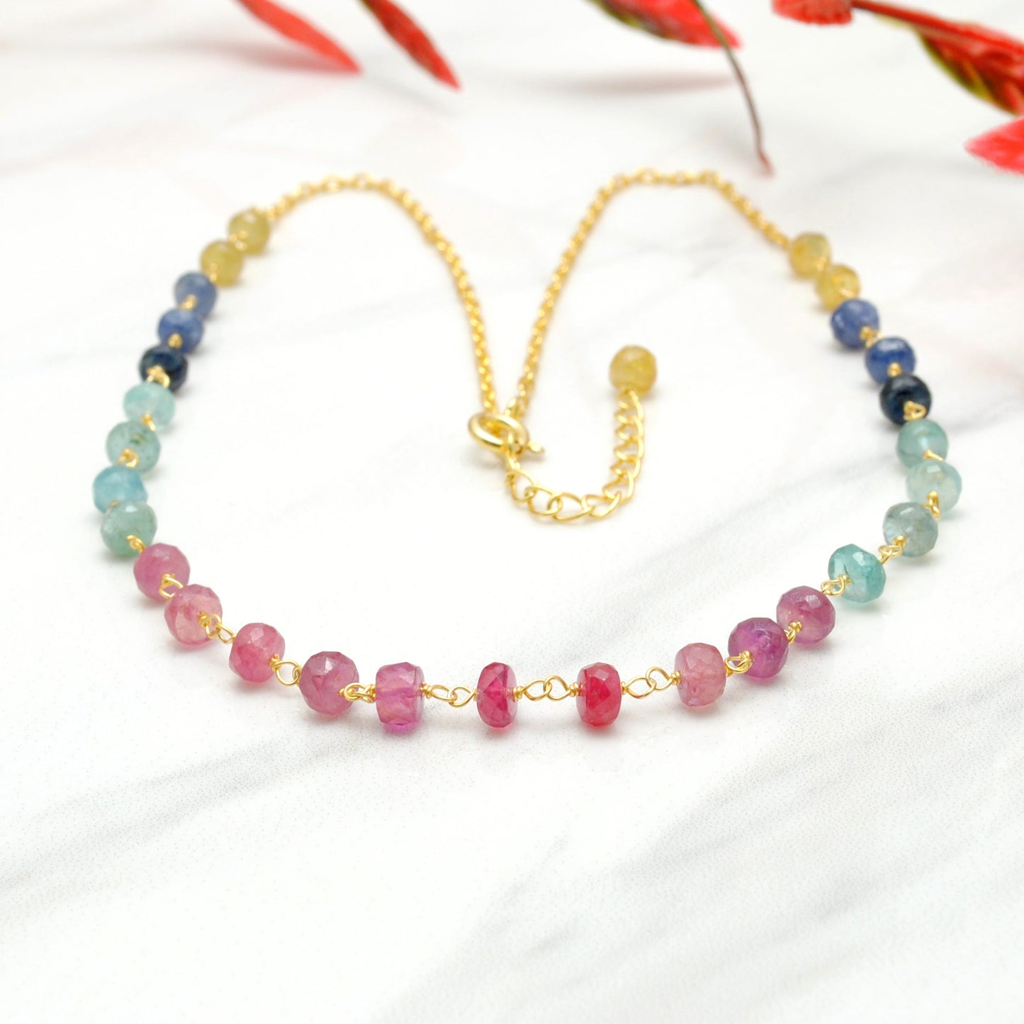 Multi Sapphire 5mm 18k Gold Necklace 18"