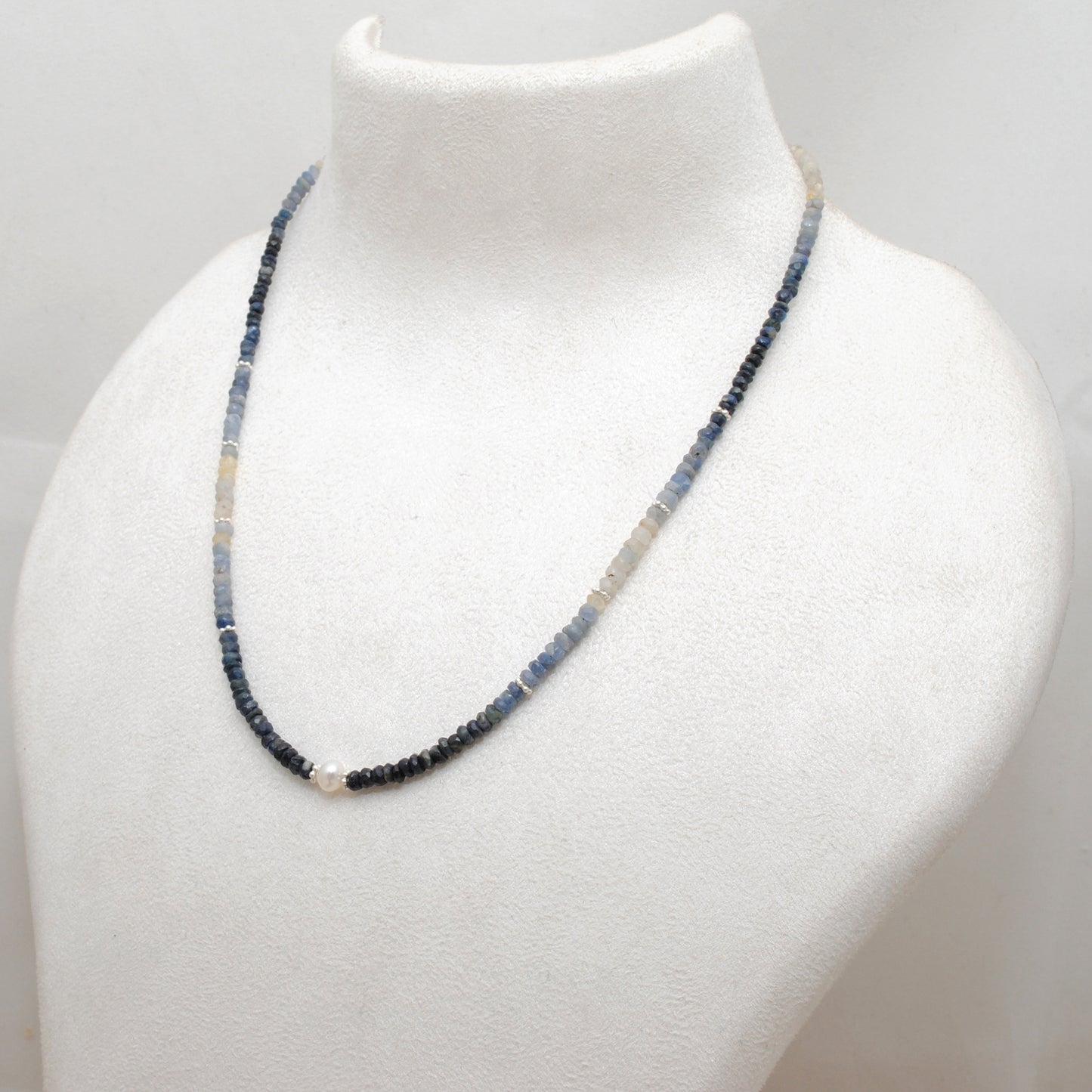 Natural Blue Sapphire Beaded Necklace 3–4mm with Freshwater Pearl Pendant