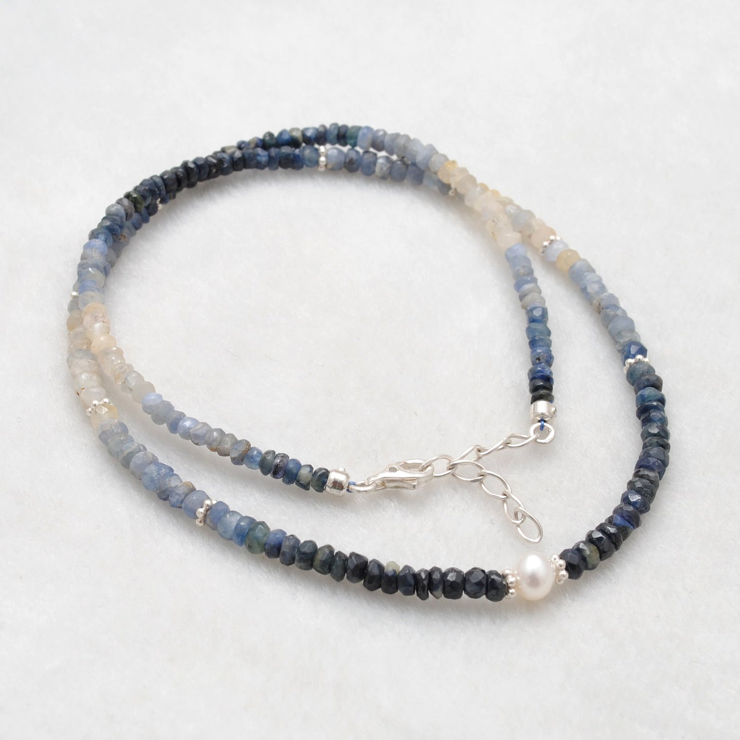 Shaded Blue Sapphire and Pearl Faceted Beaded Necklace, 925 Silver, Gift for Her