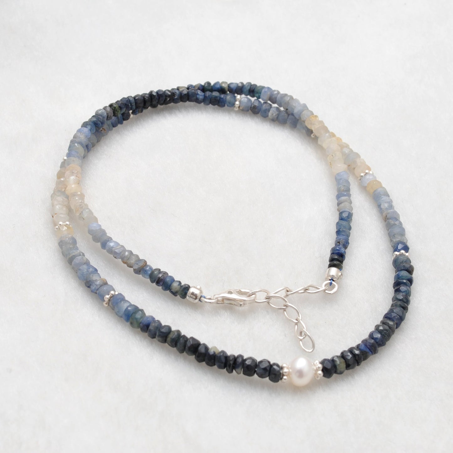 Shaded Blue Sapphire and Pearl Faceted Beaded Necklace, 925 Silver, Gift for Her