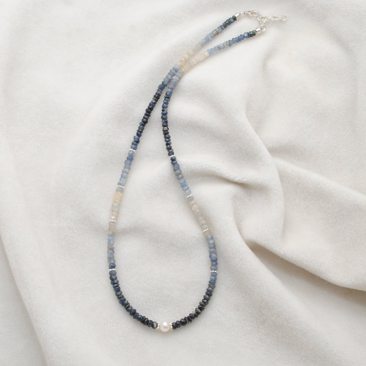 Shaded Blue Sapphire and Pearl Faceted Beaded Necklace, 925 Silver, Gift for Her
