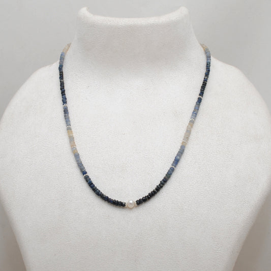 Natural Blue Sapphire Beaded Necklace 3–4mm with Freshwater Pearl Pendant