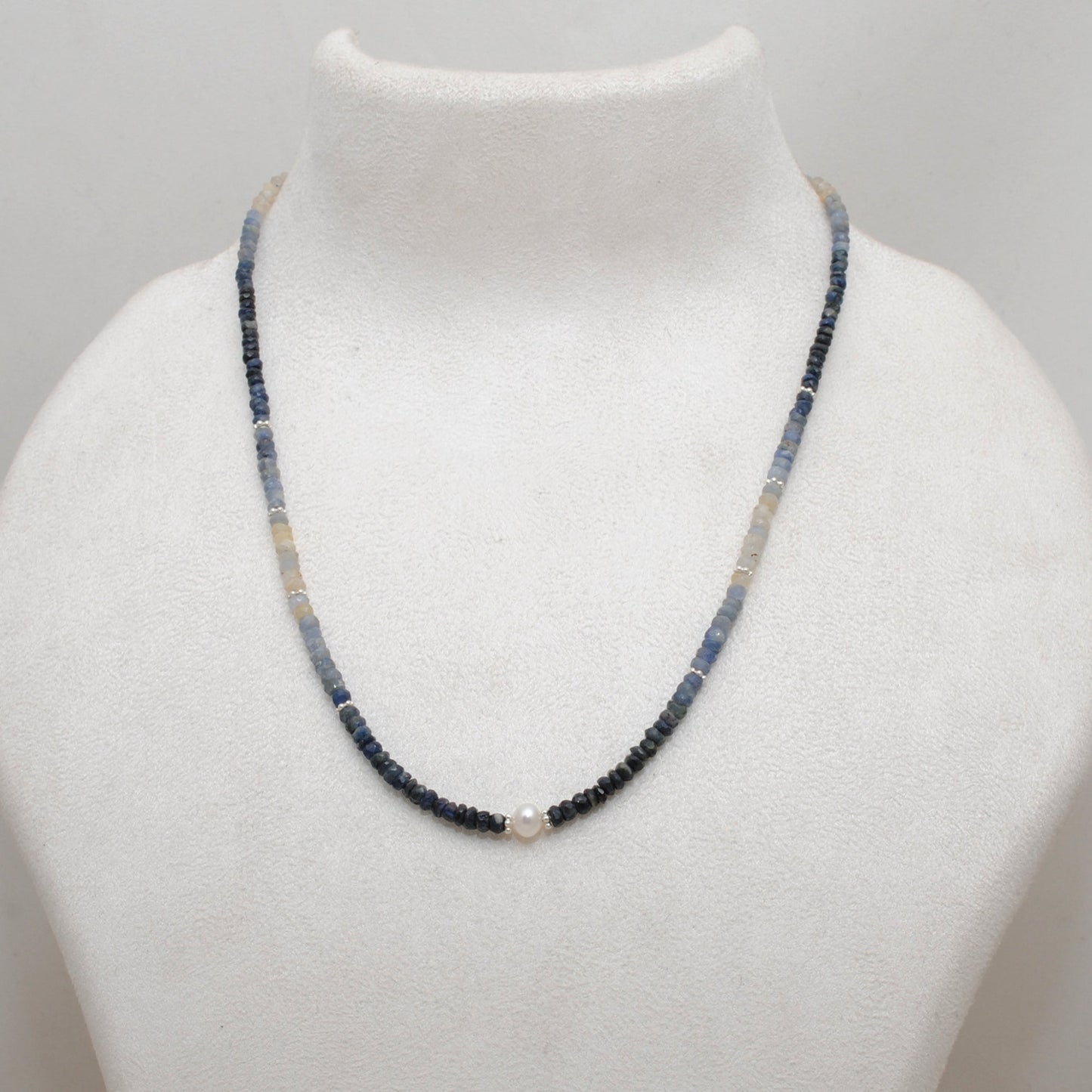 Shaded Blue Sapphire and Pearl Faceted Beaded Necklace, 925 Silver, Gift for Her