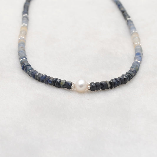 Shaded Blue Sapphire and Pearl Faceted Beaded Necklace, 925 Silver, Gift for Her - view 3