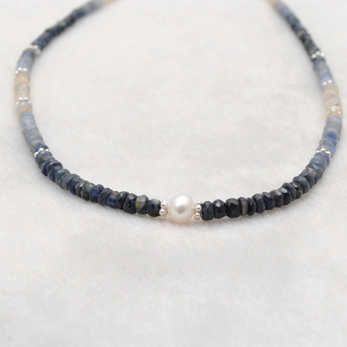 Natural Blue Sapphire Beaded Necklace 3–4mm with Freshwater Pearl Pendant
