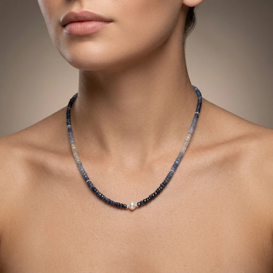 Shaded Blue Sapphire and Pearl Faceted Beaded Necklace, 925 Silver, Gift for Her