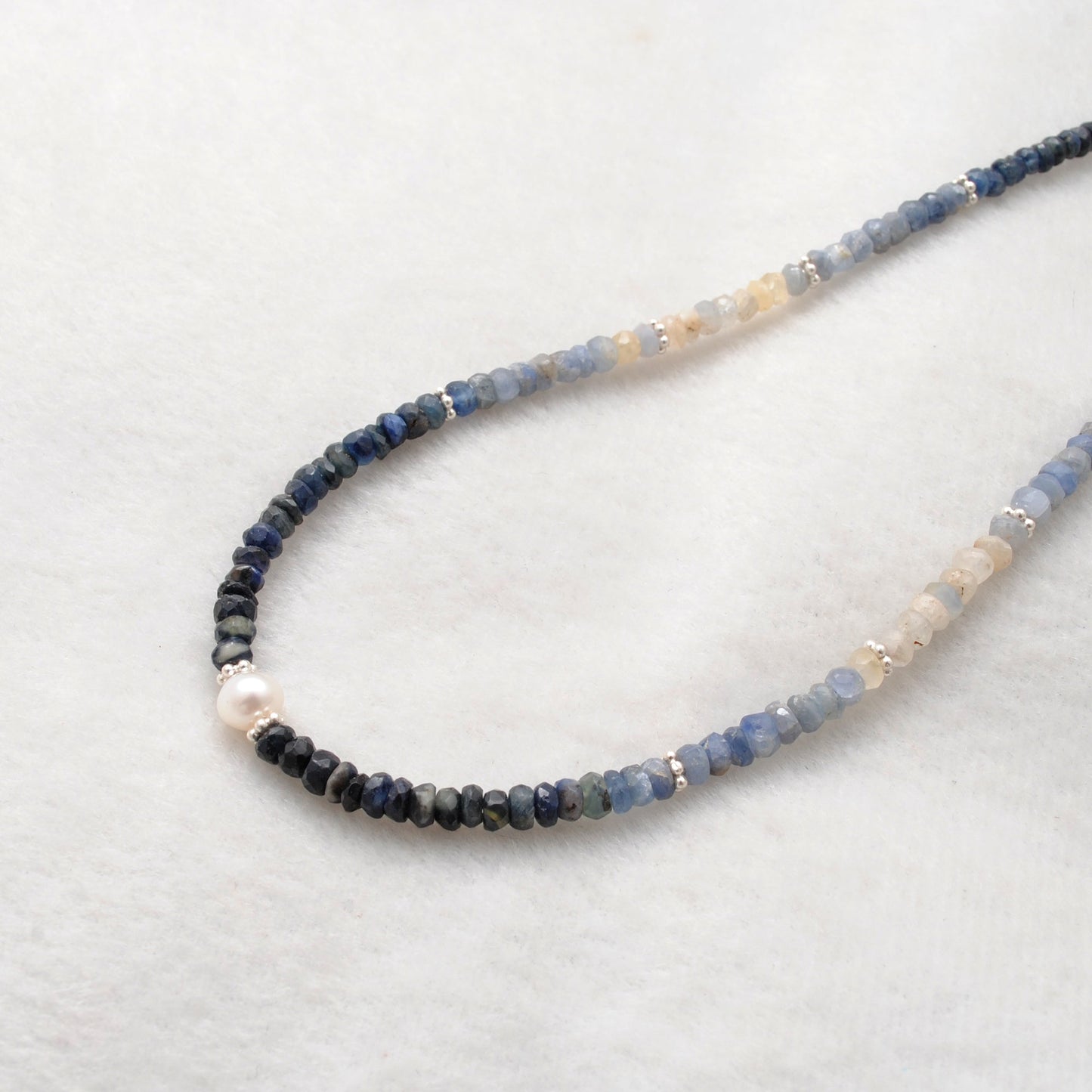 Shaded Blue Sapphire and Pearl Faceted Beaded Necklace, 925 Silver, Gift for Her
