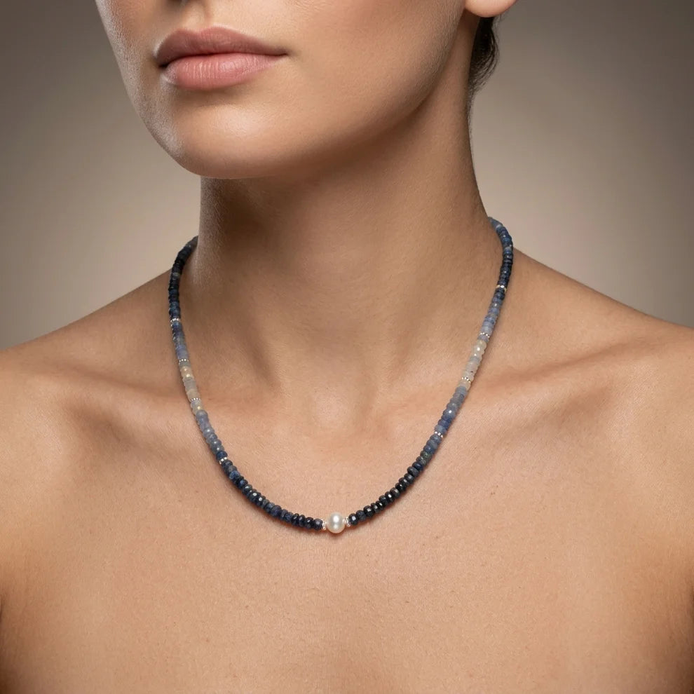 Natural Blue Sapphire Beaded Necklace 3–4mm with Freshwater Pearl Pendant