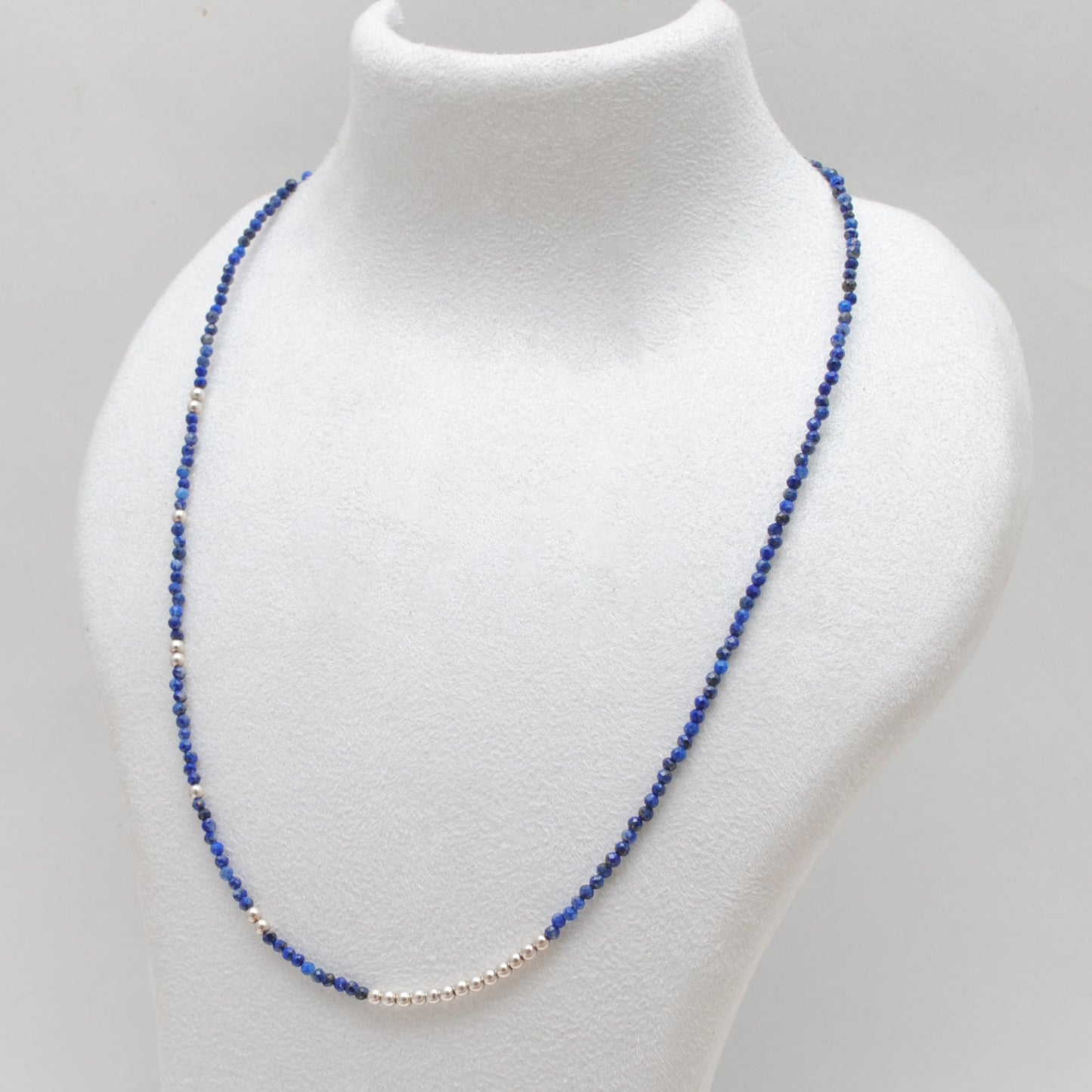 925 Sterling Silver Natural Lapis Lazuli Rondelle Beaded Necklace with Ball Beads