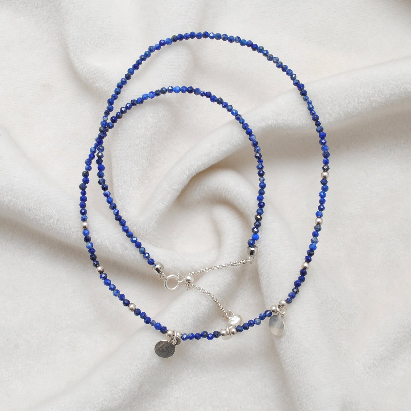 Lapis Lazuli Gemstone Beaded Silver Charm Necklace