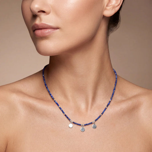 Lapis Lazuli Gemstone Beaded Silver Charm Necklace