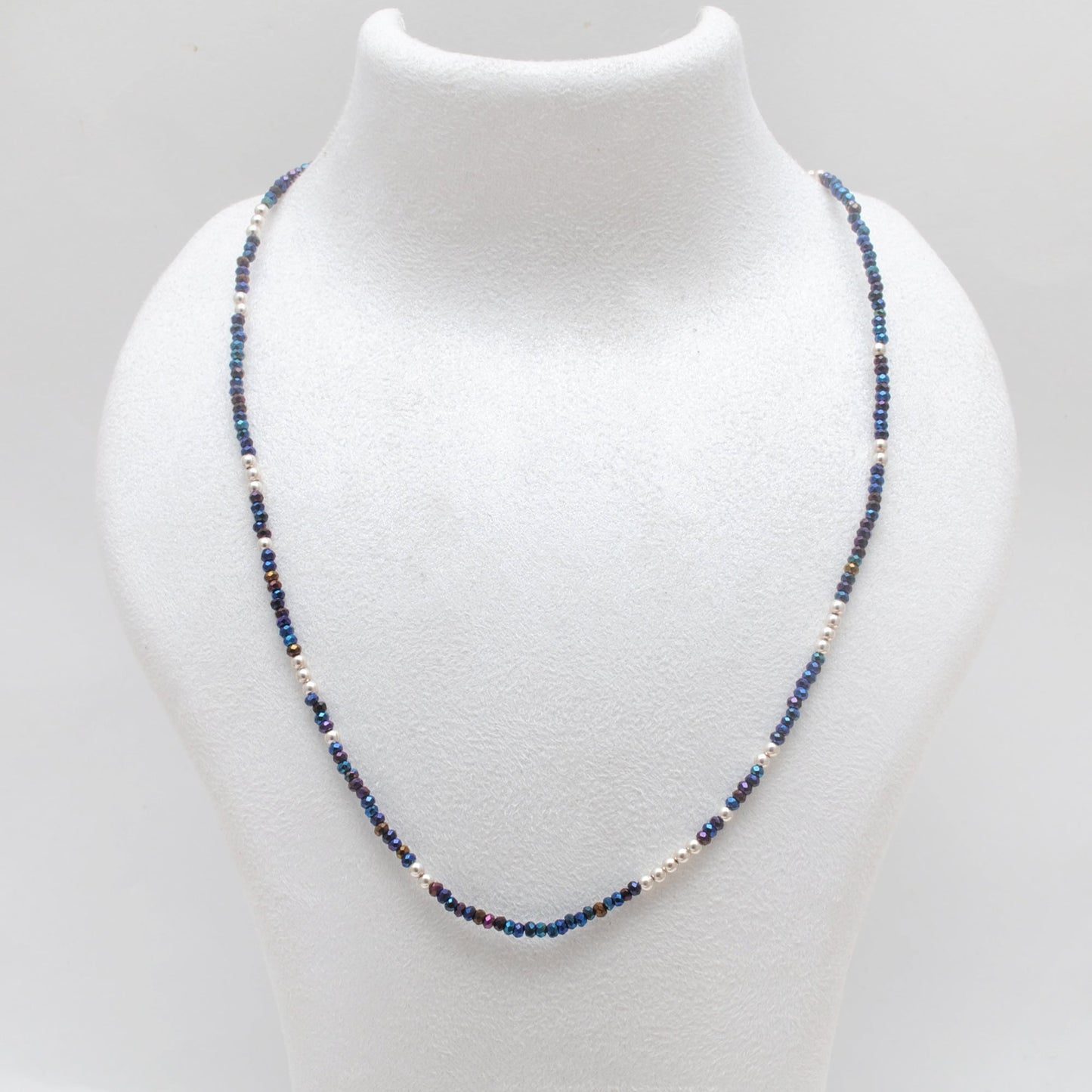 Black Spinel Blue Mystic Coated Beads Silver Necklace