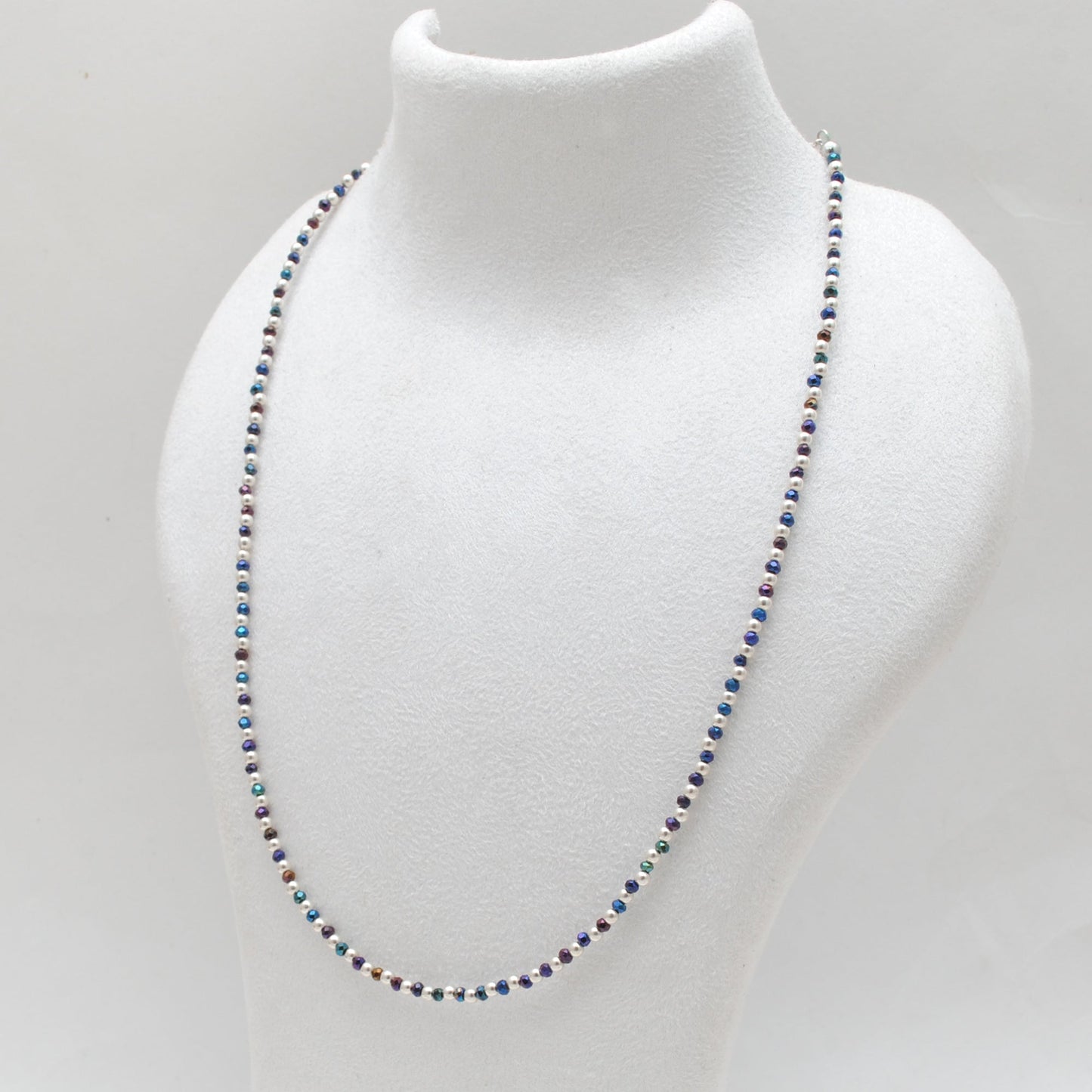 Black Spinel Blue Mystic Coated Silver Beaded Charm Necklace