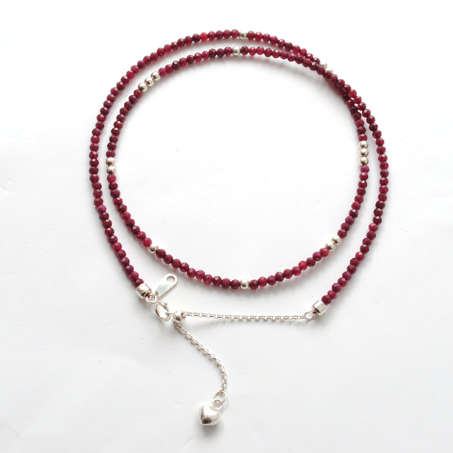 Genuine Ruby Beaded Necklace – 2mm Beads Silver Charm, 18" Handmade Jewelry