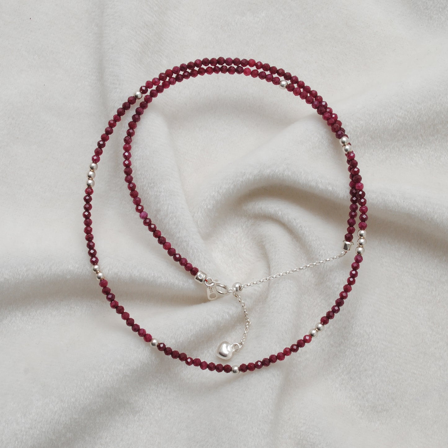 Genuine Ruby Beaded Necklace – 2mm Beads Silver Charm, 18" Handmade Jewelry