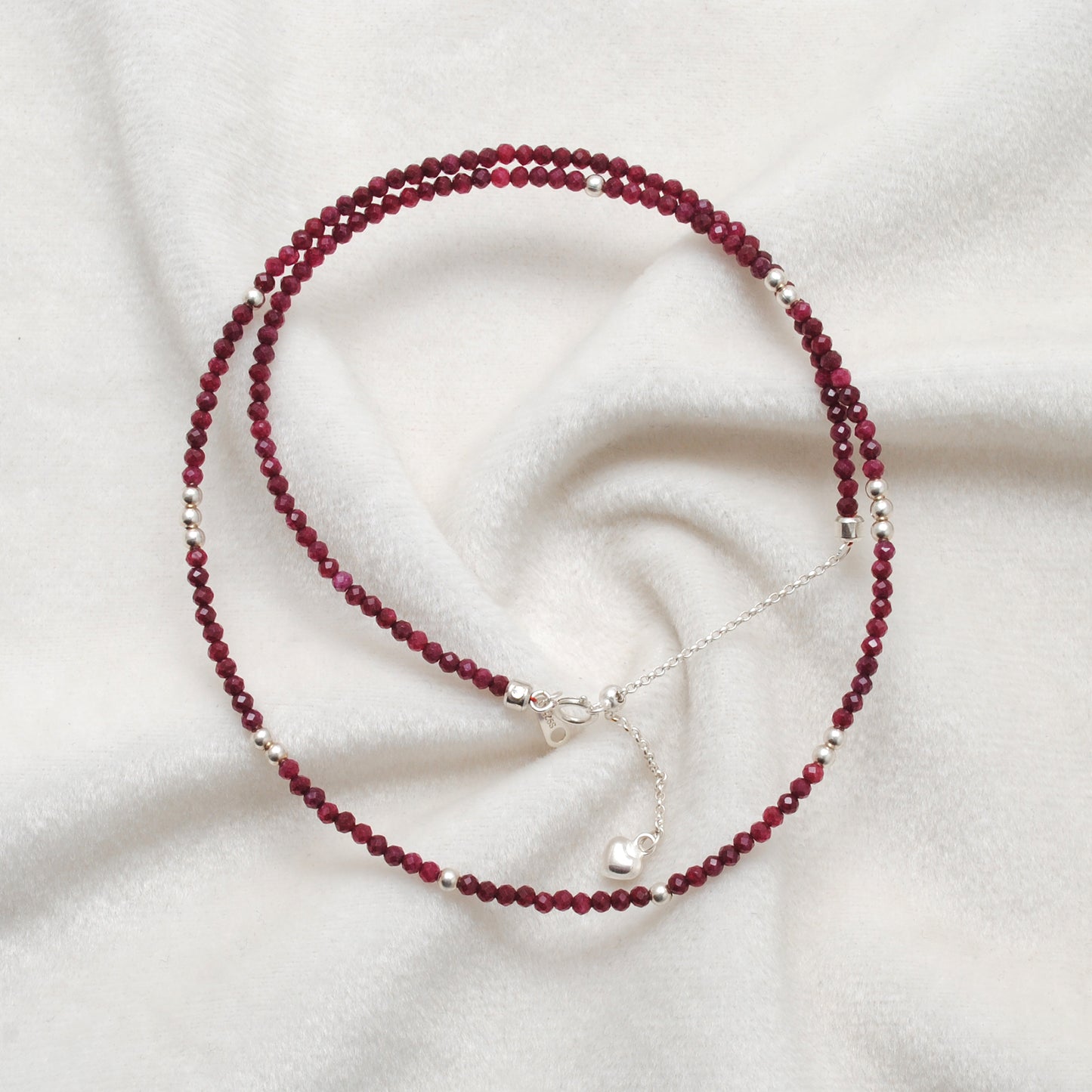 Genuine Ruby Beaded Necklace – 2mm Beads Silver Charm, 18" Handmade Jewelry