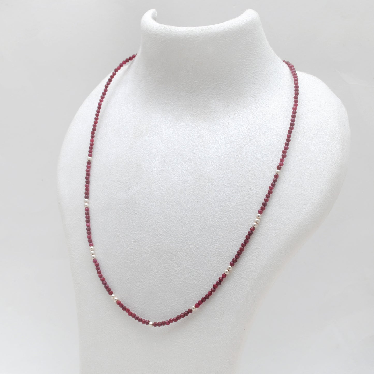 Genuine Ruby Beaded Necklace – 2mm Beads Silver Charm, 18" Handmade Jewelry