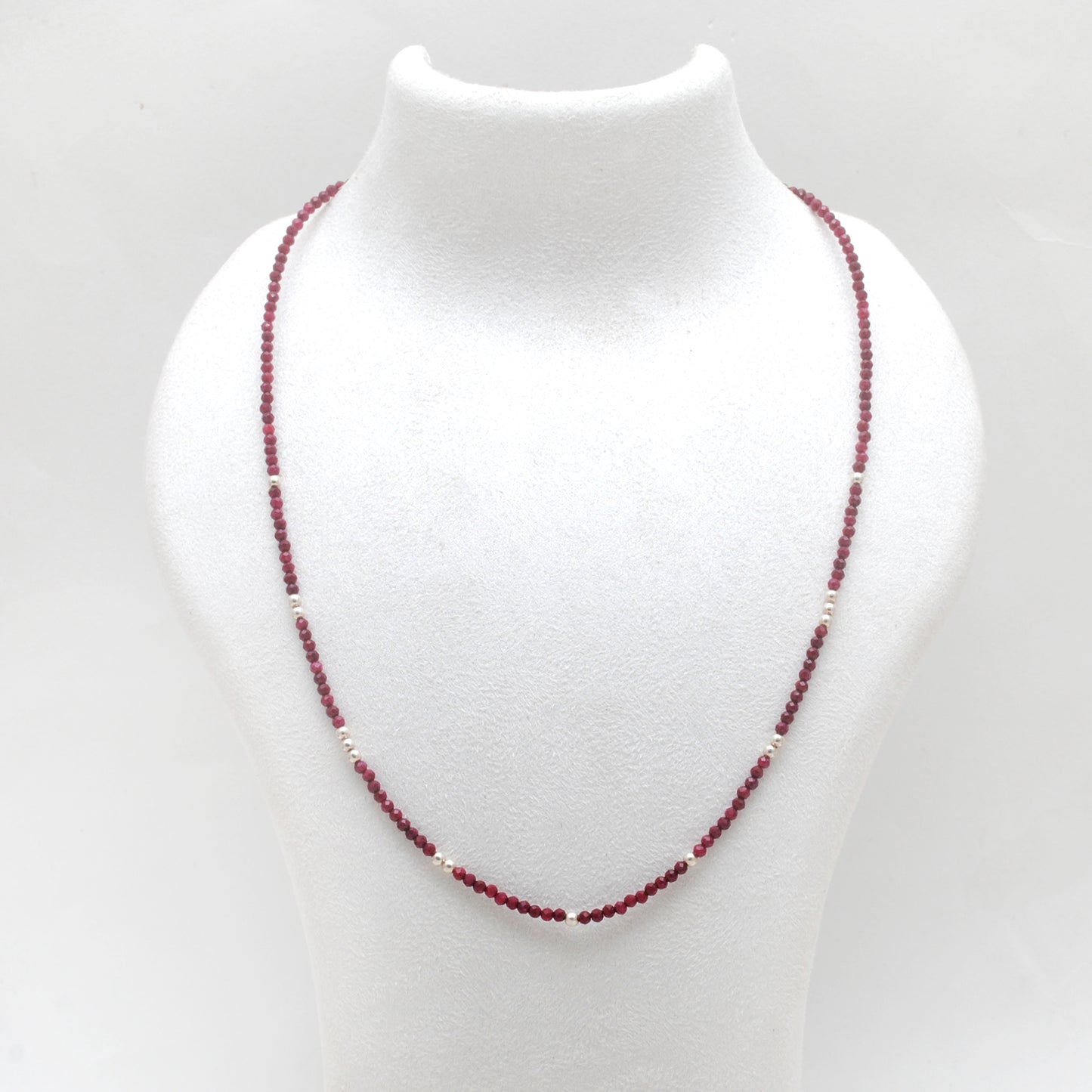 Genuine Ruby Beaded Necklace – 2mm Beads Silver Charm, 18" Handmade Jewelry