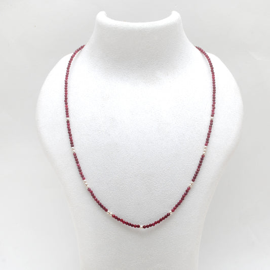 Genuine Ruby Beaded Necklace – 2mm Beads Silver Charm, 18" Handmade Jewelry