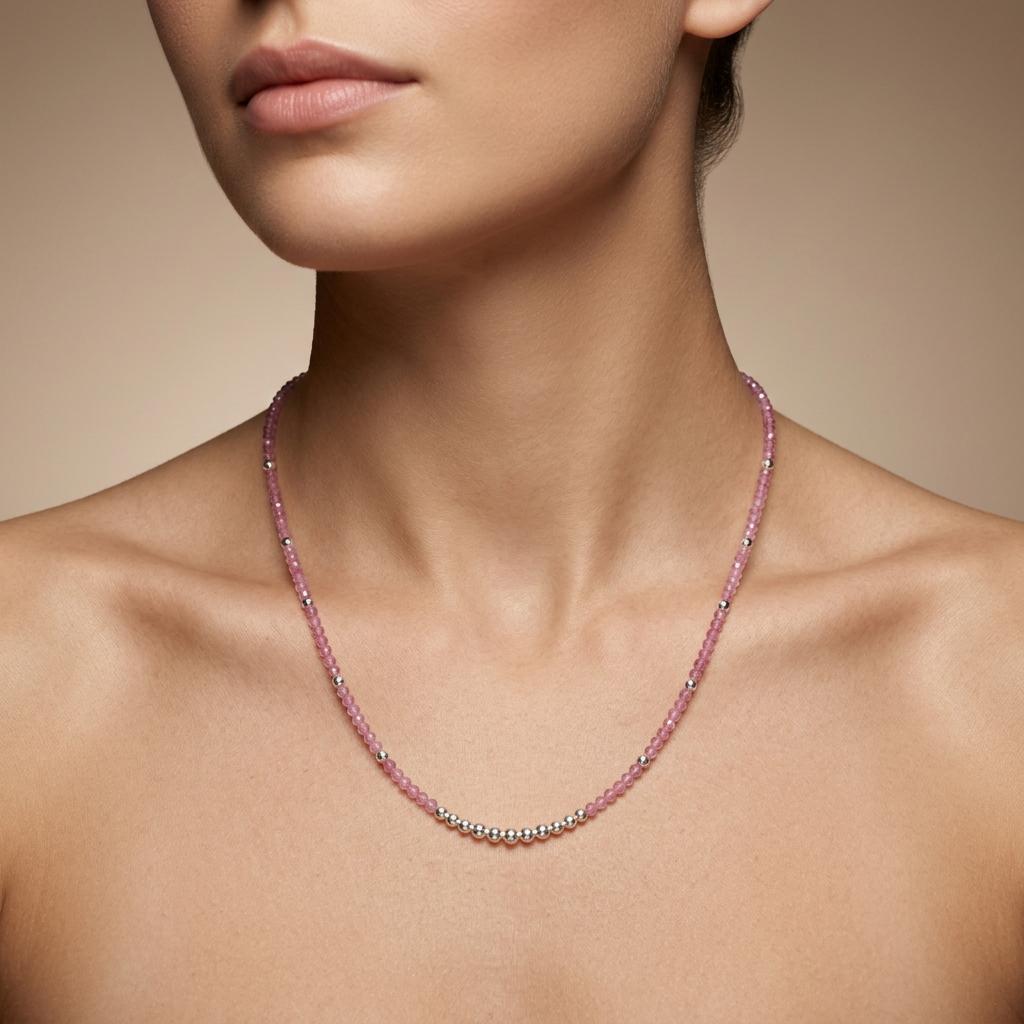 18" Natural Pink Tourmaline Beaded Necklace – 2mm Faceted Gemstone Beads