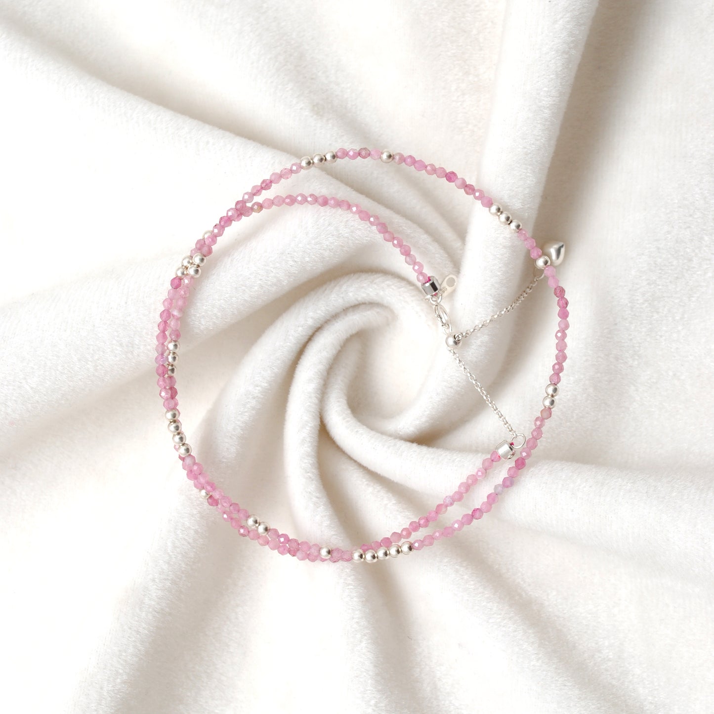 925 Sterling Silver Pink Tourmaline Beaded Necklace – 2mm Faceted Gemstone